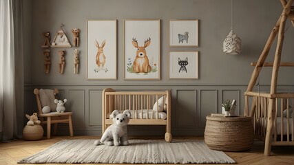 Close-up mock-up frame in a kids' room with real wooden furnishings, rendered in three dimensions