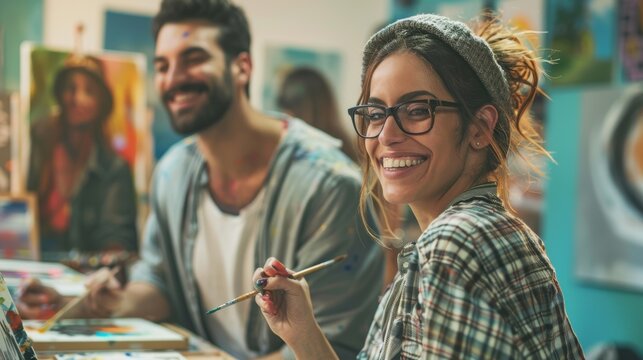 Couple attending a painting class, creating art and sharing ideas, with a creative and supportive environment