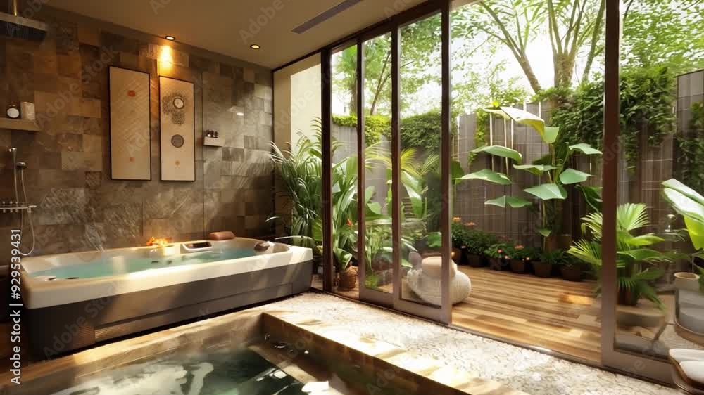 Aufkleber a serene indoor spa featuring a jacuzzi, large windows, and abundant greenery creating a tranquil at