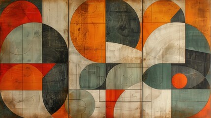 Fototapeta premium Craft a set of three abstract modern wall art panels featuring geometric patterns in orange, gray, and green. Each panel should have a unique design but work together as a cohesive triptych
