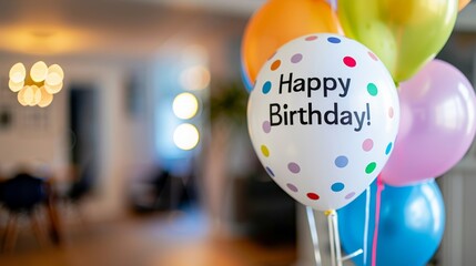 Bunch of balloons with Happy Birthday message against blurred background