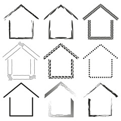 Set of abstract house icons. Various line styles. Black and white vector design.