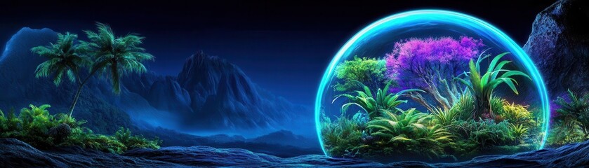 Naklejka premium An alien jungle encased in a protective energy bubble, glowing flora and fauna inside, dark and mysterious atmosphere, Sci-Fi, Photorealism