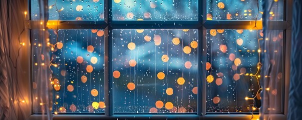 Raindrops on a Window with Festive Lights