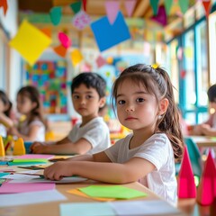 Fototapeta premium Children engaged in art activities in a colorful classroom filled with craft supplies and vibrant decorations.