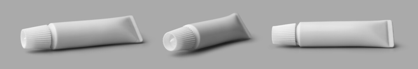 tube with white cap in different angles, mock-up template for toothpaste, glue, cream, gel or shampoo, blank package isolated on gray background, medicine or cosmetics concept