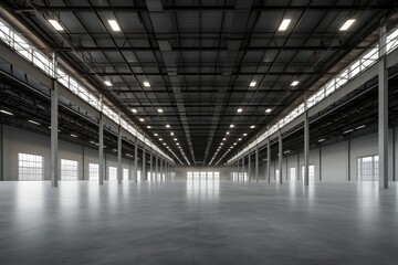 Obraz premium A spacious industrial warehouse with high ceilings and ample natural light.
