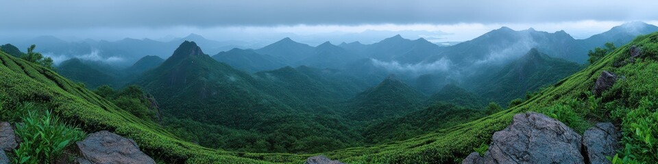Fototapeta premium Stunning panoramic view of lush green mountain range with rolling fog and distant peaks under a cloudy sky, captured at sunrise