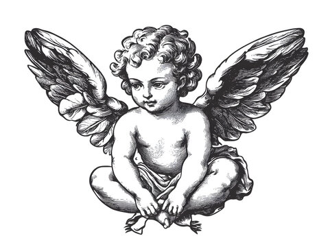 recommend clip art: outline illustration of a cherub angel in renaissance style
