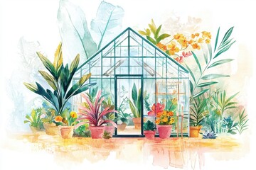 A vibrant watercolor illustration of a greenhouse filled with diverse plants and flowers, showcasing nature's beauty and tranquility.