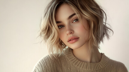Fototapeta premium Close-up portrait of a young woman with short blonde hair, neutral expression, beige background. Beauty, fashion, natural look concept