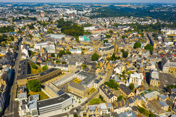 Urban view from drone of houses of Saint-Brieuc town at sunny summer day, France