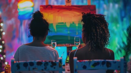 LGBTQ couple enjoying a wine and paint night, creating art and sipping wine, with a relaxed and creative atmosphere