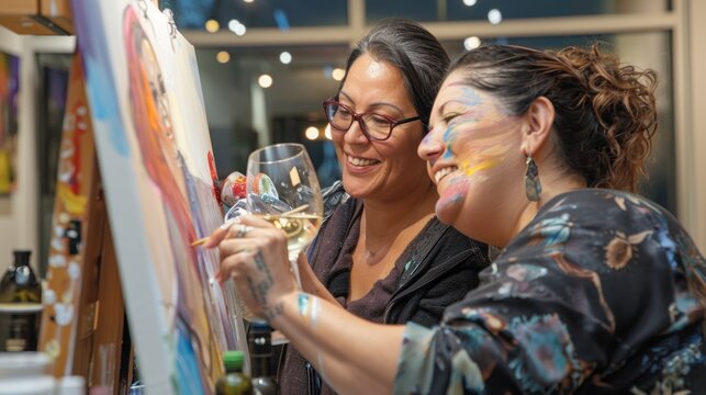 LGBTQ couple enjoying a wine and paint night, creating art and sipping wine, with a relaxed and creative atmosphere