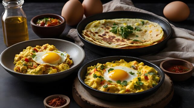 A dish with eggs prepared in different ways: boiled, scrambled and in an omelette with paratha.
