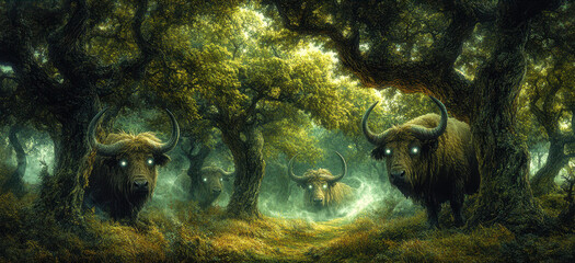 Enchanted Forest with Fantasy Creatures: Three Mystical Beasts with Glowing Eyes Amidst Lush Greenery and Ancient Trees