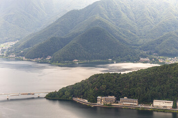 Fototapeta premium Lake Kawaguchi viewpoint from Mt. Fuji Panoramic Ropeway, Fujikawaguchiko, Minamitsuru District, Yamanashi, Japan