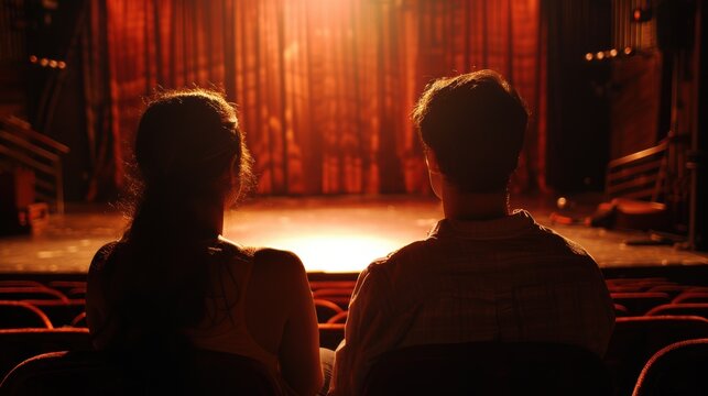 Couple participating in a local theater production, acting and rehearsing, with a creative and supportive environment