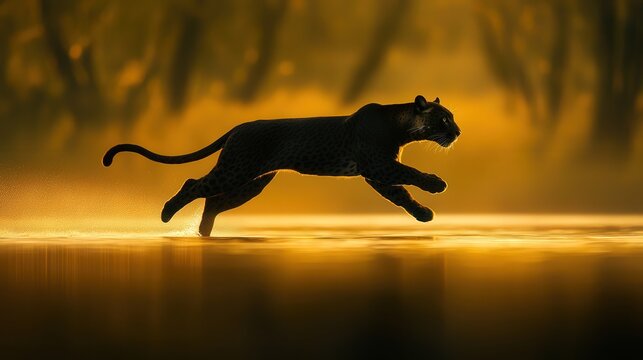 A running leaping silhouette of a panther cat 