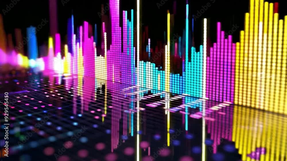 Poster Brightly colored sound waves display various frequencies and amplitudes while reflecting on a glossy black surface.