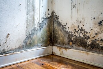 Close-up of black mold growth on damp wall corner, surrounded by water stains and peeling paint, in a neglected and humid indoor environment.