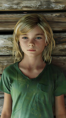 Fototapeta premium Young Boy in Rustic Environment with Intense Stare