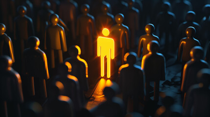 : Standout Glowing Man in Dark Background Concept 3D Render Depicting Leadership and Unique Individual