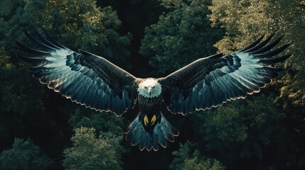 Obraz premium above view of flying bird, Eagle, over forest background