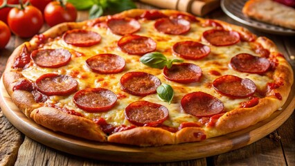 photography of a delicious pizza with pepperoni and cheese