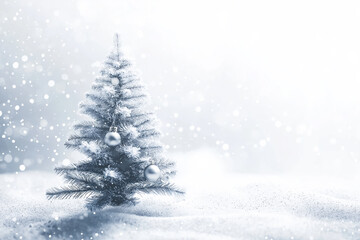 A small white Christmas tree with two ornaments hanging from its branches