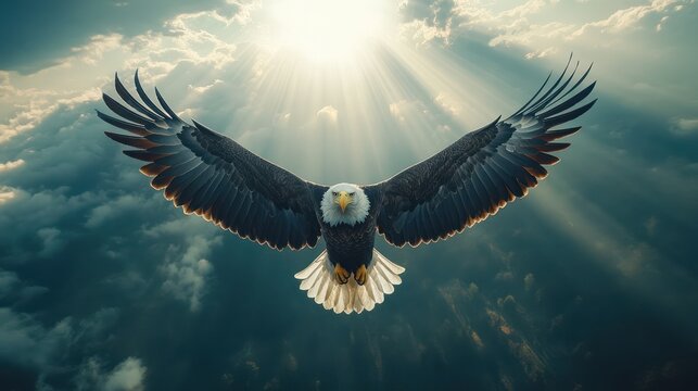 bald eagle facing the camera and soaring through the sky with sunlight 