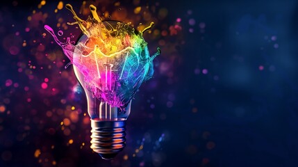 Lightbulb with vibrant, rainbow-colored paint splashes symbolizes creativity and innovation. Perfect for marketing materials, design projects