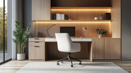minimalist interior design of a modern home office, a cozy study room, a clean and inviting workspace.
