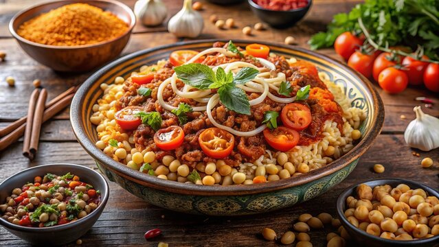 Vibrant still life of Egyptian street food Kushari, with mix of steaming rice, lentils, macaroni, spicy tomato sauce, chickpeas, and crispy fried onions.