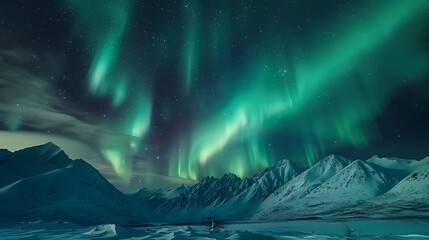 A stunning display of the Northern Lights illuminating a snowy mountain landscape.