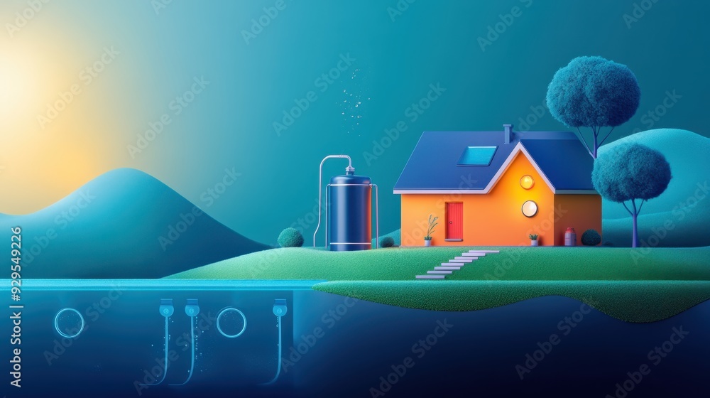 Wall mural Modern Eco-Friendly Home Rainwater Collection System with Underground Storage and Filtration - Flat Design Illustration