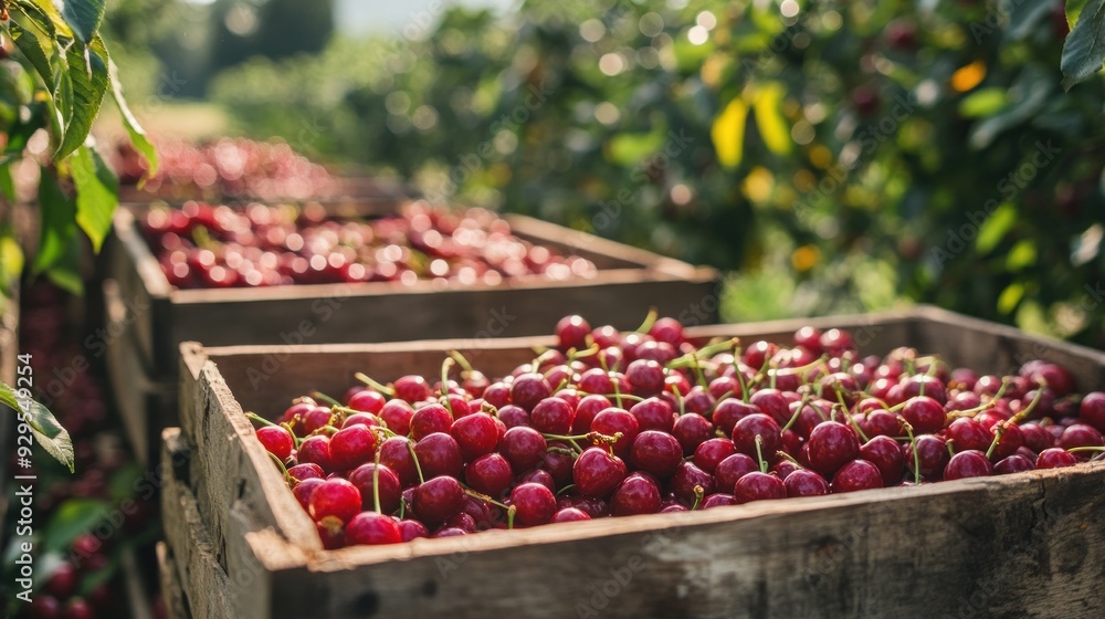 Wall mural freshly picked cherries in wooden crate