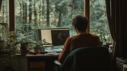 別荘のような場所でパソコンを操作している男性の画像