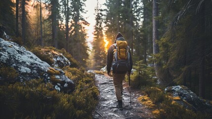 Fototapeta premium Evening Hike: Head to a nearby trail for an evening hike. Use flashlights or headlamps to safely navigate and appreciate the calm, dark beauty of nature. 