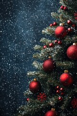 Christmas tree with red ornaments and snowflakes on a dark background with copy space
