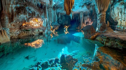 Fototapeta premium A stunning underground cave with crystal-clear water and stalactites.