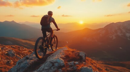 Fototapeta premium Cyclist Riding the Bike Down the Rock at Sunrise in Extreme Sport Concept