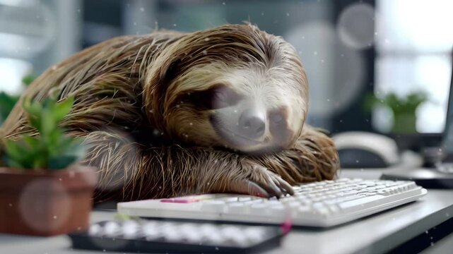 A sloth is fast asleep on the office desk. Seamless 4K looping timelapse video animation background