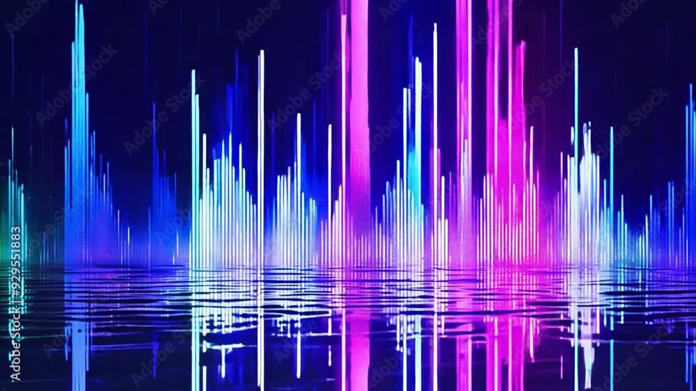 Aufkleber Bright green sound waves rise and fall, creating striking patterns reflected on the water in a dark environment.