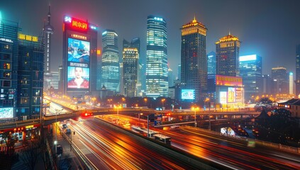 Naklejka premium Nighttime View of Shanghai Skyline with Traffic Trails