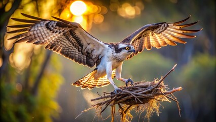 Fototapeta premium Majestic osprey spreads wings, lifting off from nest, grasping struggling fish in razor-sharp talons, showcasing hunting prowess in mid-air, dramatic sunlight highlighting feathers.