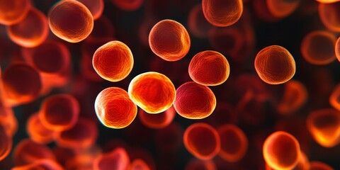 Blood cells under a microscope, captured in vivid red, showcasing medical research in detail