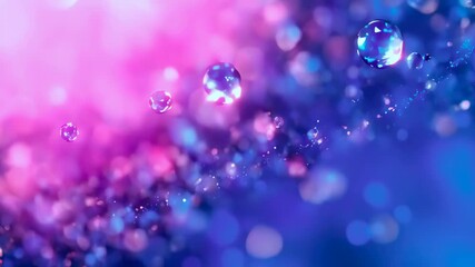 Water droplets splashing against a colourful bokeh background with pink and blue lights. Concept of unity futuristic and nature