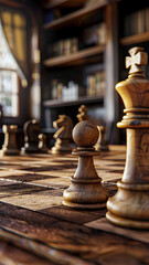 Fototapeta premium Chess Pieces on Wooden Board in Dimly Lit Room