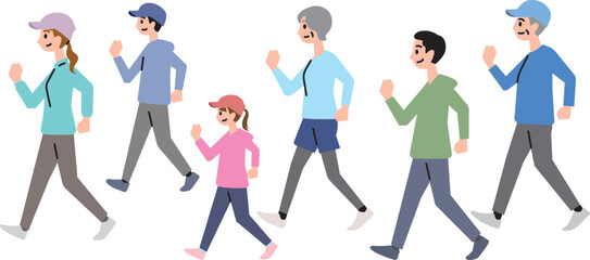 健康のために3世代でウォーキングをする家族